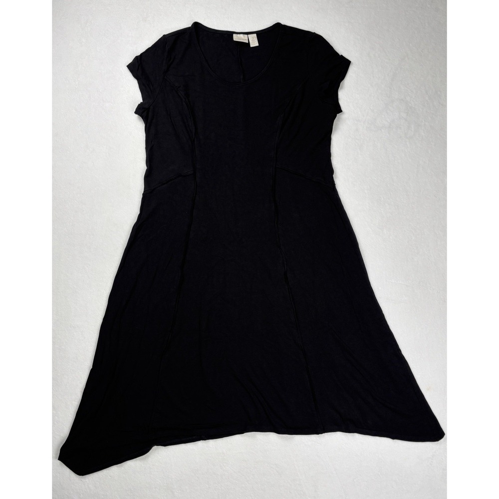 Chicos Women's 2 Black Dress Large Fit Flare Short Sleeve Stretch Knee Length